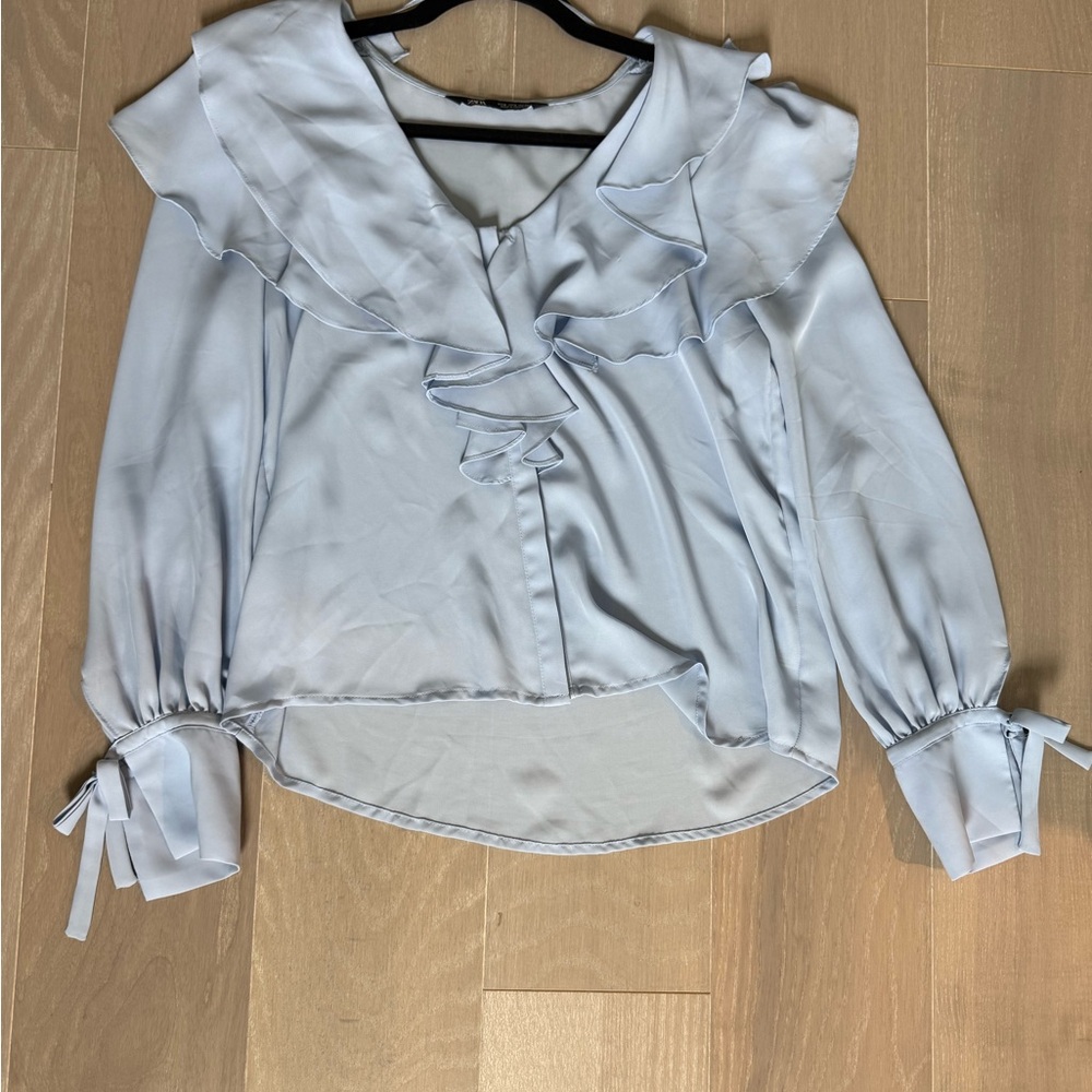 Zara Light Blue Ruffle Blouse